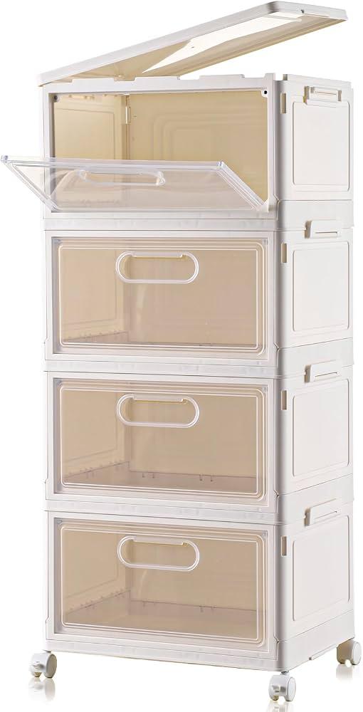 Freebat 4-Tier Stackable Storage Bins with Lid, 23QT Storage Containers,Clear Foldable Plastic Drawer Storage on Wheels,Closet Organizers and Storage for Living Room,Bedroom,Office,Dorm