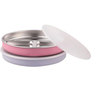Elk and Friends Stainless Steel Divided Plates + Silicone Sleeve and Storage Lid | Baby, Toddler, Kids | Dinner & Snack Plates | 2 Pack (Lilac/Blush)