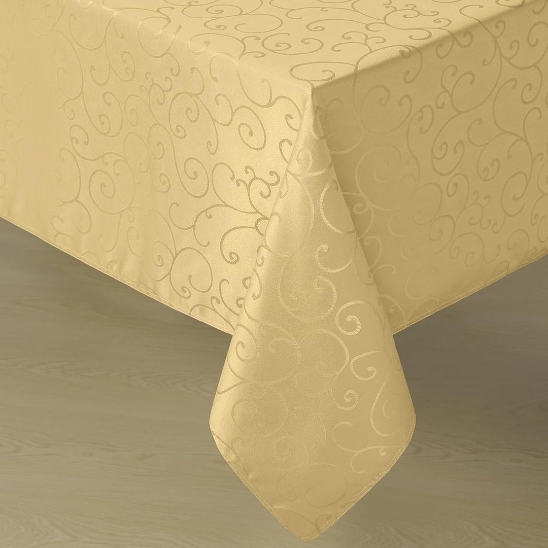 Romanstile Christmas Jacquard Rectangle Tablecloth - Gold Waterproof Damask Curly Floral Pattern Decorative Table Cloth, Heavy Weight Fabric Table Cover for Dining/Party/Holiday - 60 x 104 Inch