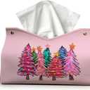 Pink Christmas Tissue Box Cover Rectangle, Merry Christmas Trees Tissue Box Holder, Winter Holiday PU Leather Tissue Covers Decorative for Home Office Kitchen Xmas Gifts for Women Girls 9.8x5.9x5.9