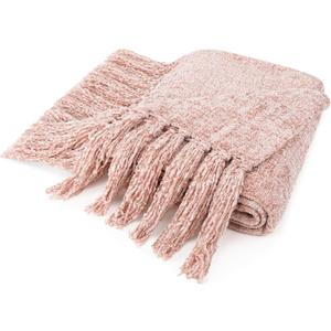 Pavilia Blush Pink Chenille Throw Blanket for Couch & Bed, Soft Knit Woven with Tassels, Textured for Living Room, 60x80