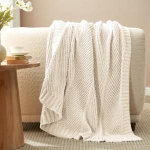 Amlie Home Chenille Knit Throw Blanket for Couch, Chevron Texture Decorative Soft Blanket for Sofa, Bed & Chair, 50"x60", Ivory