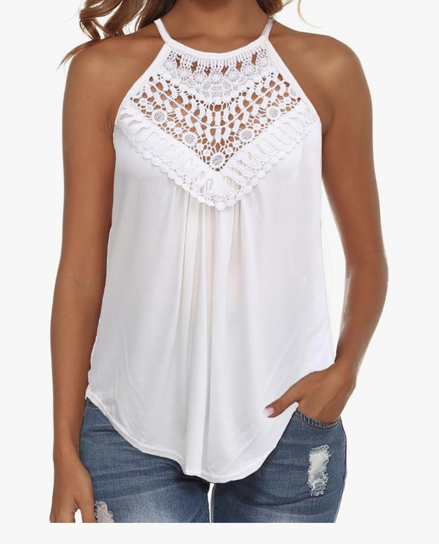 Women Sexy Sleeveless Lace Crochet Dressy Flowy Tank Top Cute Summer Shirts, S
