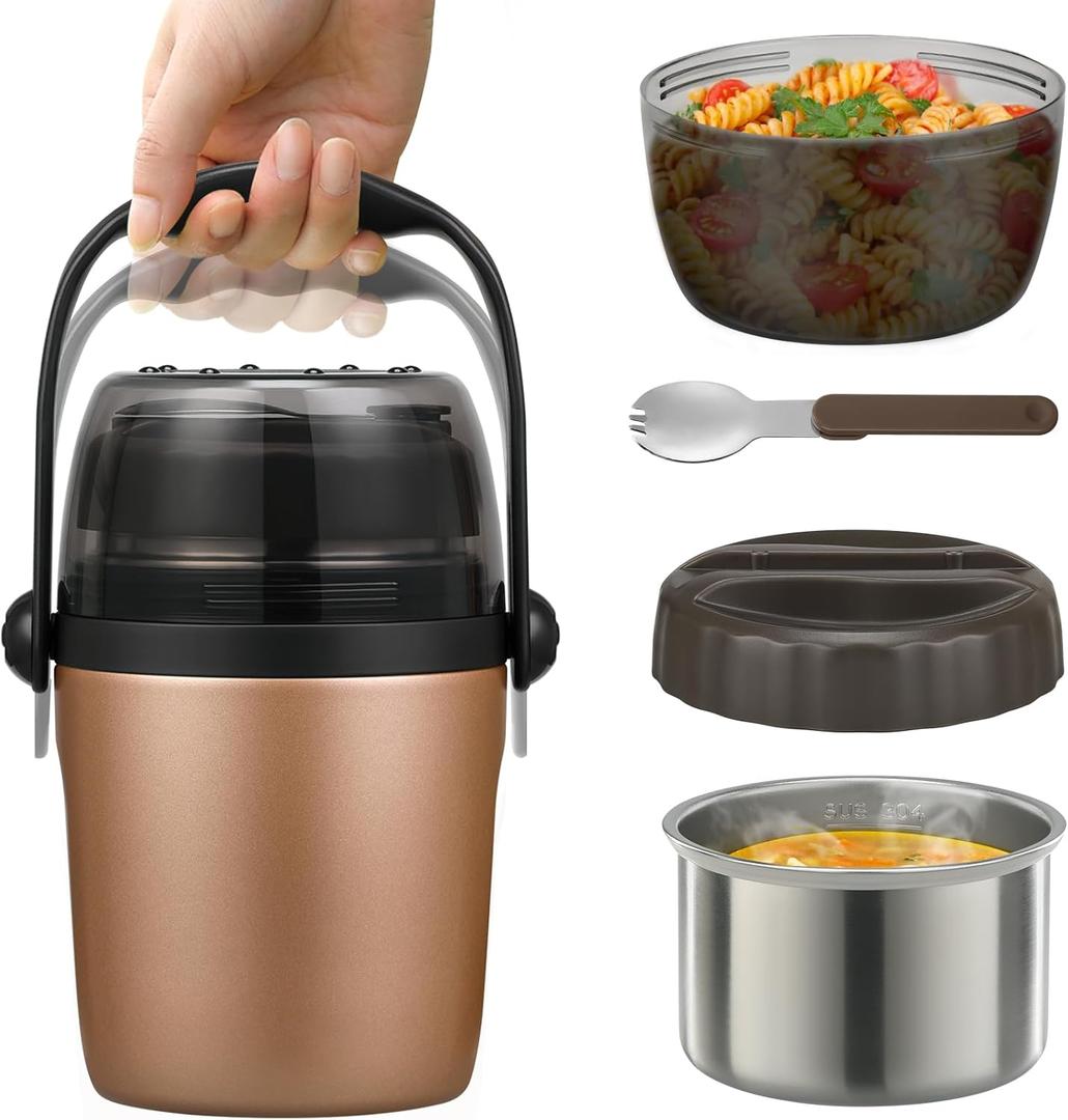 Elipark Soup Thermo for Hot Food Adults & Kids 32oz Lunch Containers Wide Mouth, Insulated Food Jar 100% Leak-Proof Double-Layer Stainless Steel Lunch Box with Spoon BPA Free (Golden)