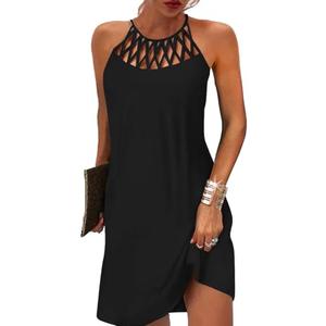 LOVESHOOT Summer Dresses for Women 2026 Casual Floral Printed Hollow Out Halter Neck A-line Sundresses for Beach Vacation Holiday with Pockets Solid Color Black Size M
