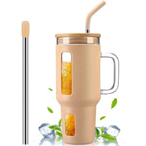 Kodrine 40 oz Glass Tumbler with Handle, Iced Coffee Tumbler with Straw and Bamboo Lid, Glass Drinking Cup with Silicone Sleeve Time Marker, Water Bottle Dishwasher Safe, Cup Holder Friendly, Amber