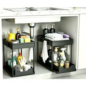 DEKAVA Under Sink Organizer Bathroom Cabinet Organizer, 2 Tier Sliding Cabinet Basket Organizer Drawer, Multi-Purpose Bath Collection Baskets for Bathroom (Black)