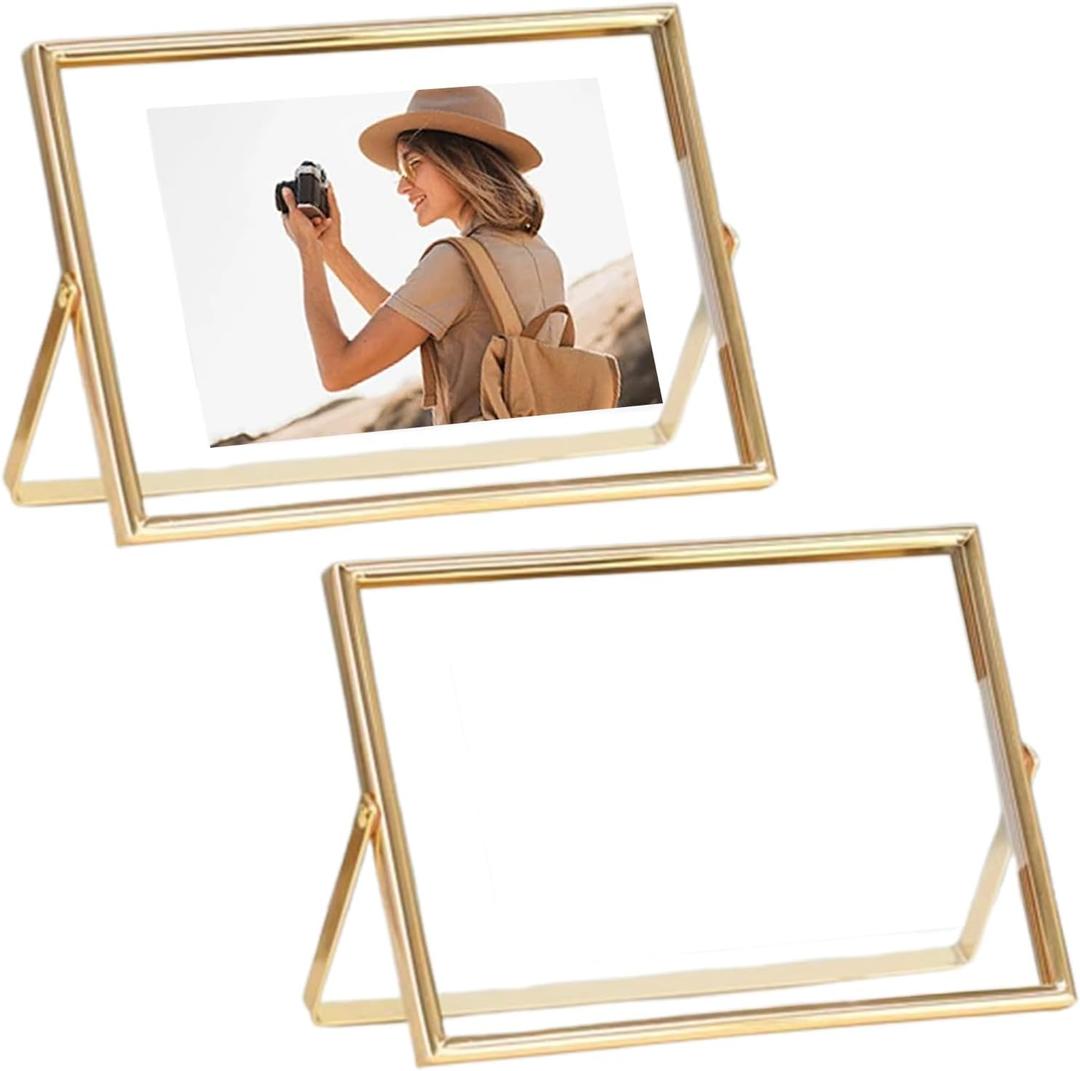 2 Pcs 8.3 x 6.45'' Gold Floating Picture Glass Pressed Picture Frame Modern Floating Photo Frame Horizontal Standing Tabletop Glass Floating Frame Classy Gold Frames Tabletop for Home Decor