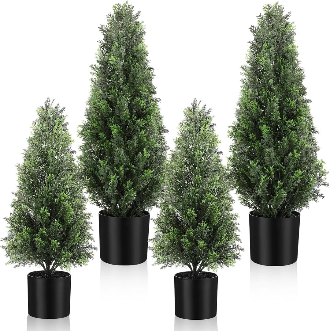 Riceshoot 4 Pcs 1.5ft 2ft Artificial Cedar Topiary Trees for Outdoor Artificial Plants Faux Pine Tree UV Resistant Potted Fake Plants Shrub Bushes for Porch Garden Office Front Door Indoor