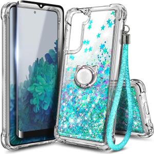 NZND Designed for Samsung Galaxy S21 FE 5G Phone Case with Tempered Glass Screen Protector, Ring Holder/Wrist Strap Lanyard, Glitter Flowing Liquid Women Girls Cute Case (Mint)