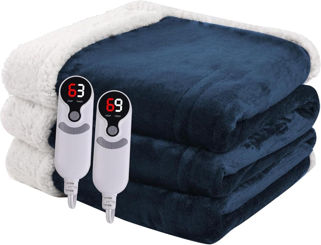 Heated Blanket Electric Blanket Queen Size 84''x90'' with 9 Heating Levels, 1-10 Hour Auto Shut Off, Machine Washable, Dual Controller Soft Warming Blanket for Couch, Bed, Office - Navy