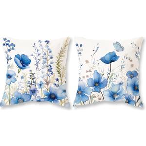 TAJWE Floral Throw Pillow Covers 18x18 Set of 2 Spring Summer Outdoor Decor Pillow Cases for Home Couch Decorations Blue
