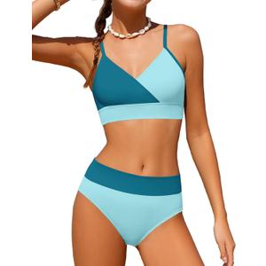Girls Swimsuit V Neck Bikini Set Color Block with Cover Up 3Pcs Bathing Suits (15-16 Years, Blue)