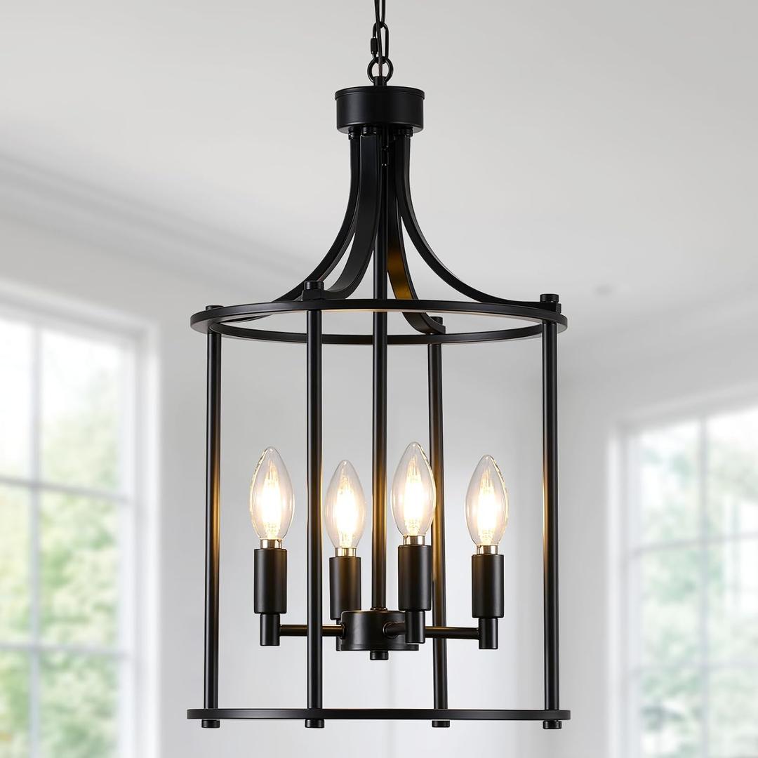 4-Light Black Chandeliers for Dining Room, Foyer Chandeliers Lantern Tiered Industrial Ceiling Light Metal Modern Farmhouse Pendant Lights for Kitchen Island Entryway, Living Room