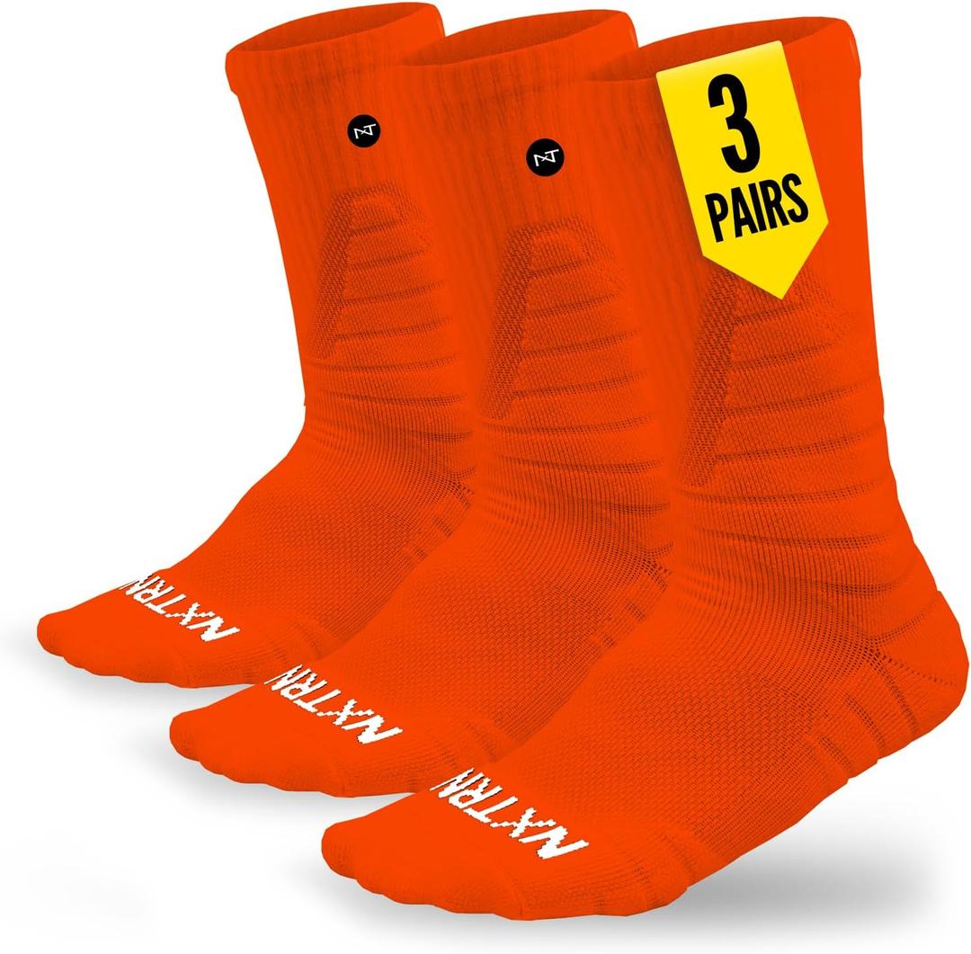 NXT NXTRND 3 Pairs Compression Running Socks for Men, Cushion Athletic Crew Socks, Basketball, Football, Hiking (Large, Orange)