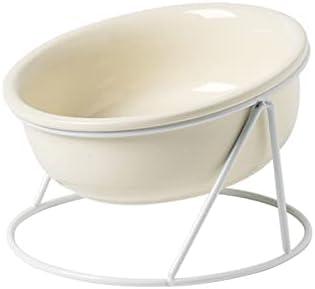 DEDEMCO Ceramic Cat Dog Elevated Food Bowl with Iron Stand, 300ml Tilted Cat Dog Water Bowl, Raised Pet Food Water Dish for Cats Dogs Whisker Friendly, White