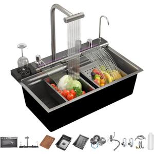 Smart Kitchen Sink 304 Stainless Steel Honeycomb Single Bowl Kitchen SinksDigital Display Double Waterfall SinkWith Pull-out Swivel FaucetWith Pressurized Cup Washer (31.5 x 18.1 inch)