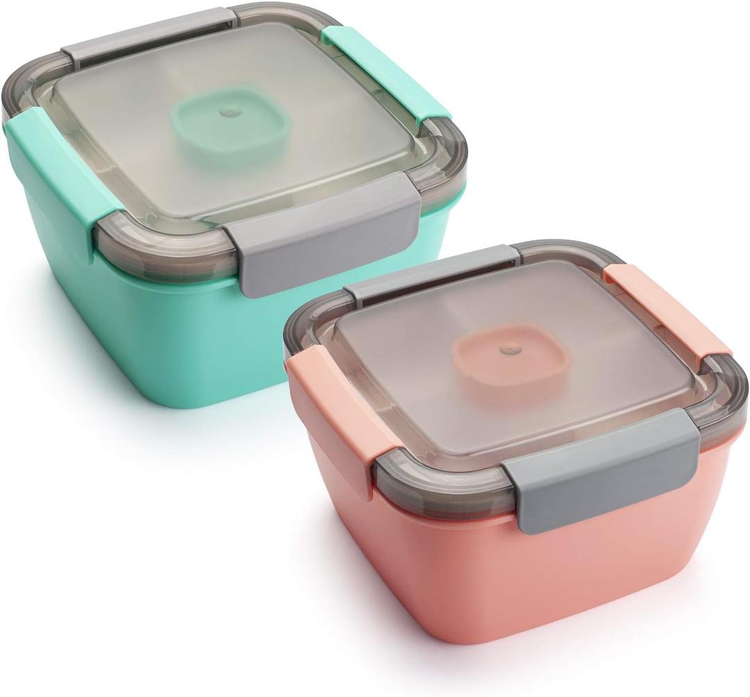 Freshmage Salad Lunch Containers To Go, Pack of 2 52-oz Bowls with 3 Compartments, Dressing Containers for Toppings, Snacks - Pink & Green