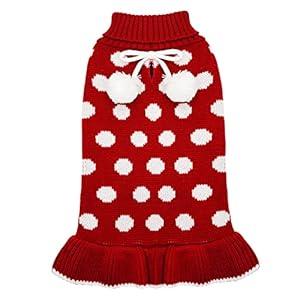 KYEESE Dog Sweaters for Girl Small Dogs with Leash Hole Turtleneck Red Dog Sweater Dress Polka Dot Knit Pullover Warm Pet Sweater