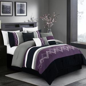 Chezmoi Collection Arden 7-Piece Modern Pleated Stripe Embroidered Zigzag Bedding Comforter Set (King, Purple/Black/Gray/White)