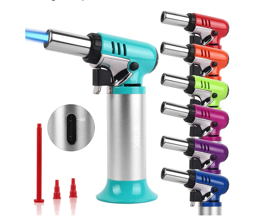 TBTEEK Butane Torch with Fuel Gauge T907, One-hand Operation Kitchen Torch Lighter with Adjustable Flame for BBQ, Baking, Brulee Creme, Crafts and Soldering(Butane Gas Not Included), Aqua
