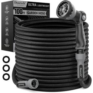 Garden Hose, Flexible Ultra Lightweight Durable, Kink-Free Water Hose with 10 Function Sprayer - Non-Shrinking, Easy to Store, All-Weather, High-Pressure, Black (100 FT)