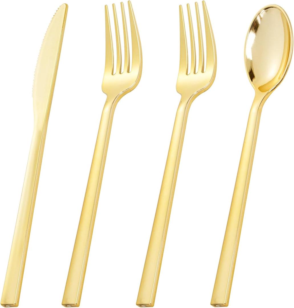 Rubtlamp 3 Packs of 60 Pcs Gold Plastic Silverware - 180 Pcs Heavy Duty Disposable Plastic Utensils - Gold Plastic Cutlery Set for Party&Wedding