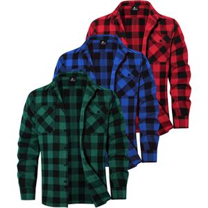 3 Pack Mens Long-Sleeve Button-Down Shirt Cotton Tops Casual Collared Blouses Loose Fit Plaid Flannel Shirts (X-Large, 1 Blue 1 Green 1 Red)