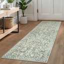 SILOLOOM Vintage Washable Runner Rug 2'x6', Sage Green Beige Runners for hallways, Super Soft Kitchen Runner Rug Non Slip, Printed Faux Wool Floral Thin Carpet Runner for Entryway Laundry Room Bedroom