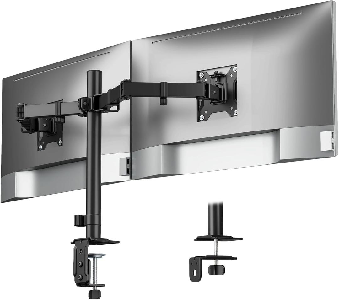 monTEK Heavy Duty Dual Monitor Stand for 1732" Monitors, Stable Desk Mount with 22 lbs per Arm, Fully Adjustable Articulating Monitor Arm with Clamp & Grommet Base, VESA 75x75/100x100