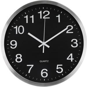 Wall Clock 12 Inch Metal Finish Silent Non Ticking Indoor Clock Round Battery Operated Stainless Steel Wall Clocks for Home, Office, Living Room (Black-Silver Brushed Finish, 12 Inch)