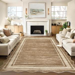 Garvee Scalloped Large Modern Abstract Area Rug 10x13 Washable Rug for Living Room, Non-Slip Soft Carpet for Bedroom, Scalloped Low-Pile Solid Print Accent Rug for Dining Room Home Office, Brown