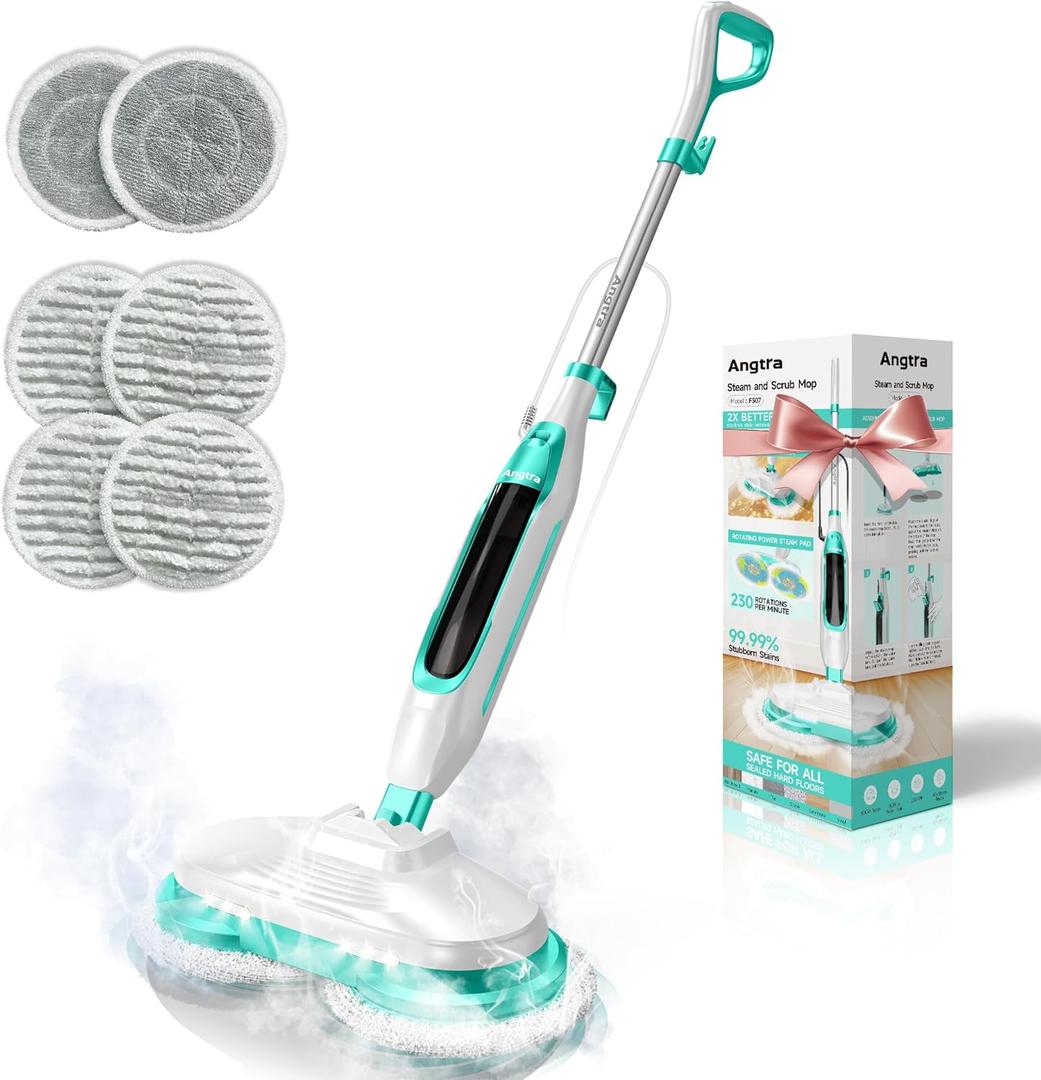 Scrubbing Steam Mop with Rotating Mop Pads, All-in-One Hard Floor Cleaner with LED Headlights, Steam & Spin Control, 6 Soft Scrub Pads, Swivel Steering, FS07 (White)