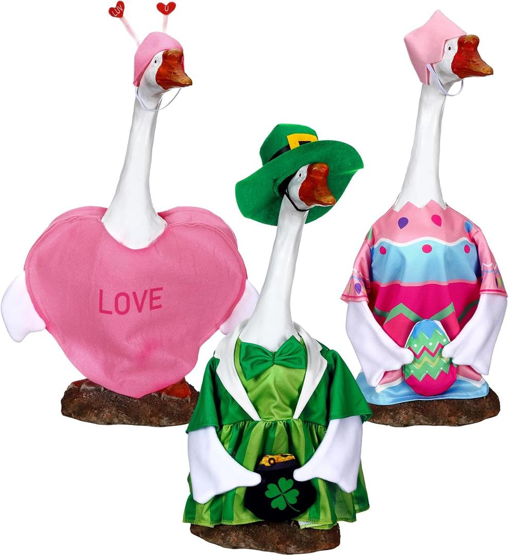 3 Set Valentine's Day Porch Goose Outfits 23 Inch St. Patrick Cement Goose Clothes Seasonal Holiday Duck Costume Set for Valentine's Day St. Patrick Easter Garden Yard Lawn Statue Decor