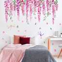 Purple Flower Vine Wall Stickers Hanging Flower Vine Wall Decals Dragonfly Wisteria Floral Wall Decal Sticker for Living Room Bedroom TV Background