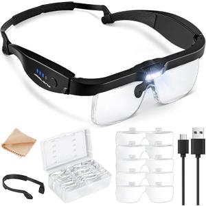JARLINK Magnifying Glass with Light, Magnifying Glasses with 5 Lenses 0.75-4.0X and 3 LED Lights, Rechargeable Headset Magnifying Glasses for Close Work, Crafts, Reading, Jewelry and Model Makers (Black)