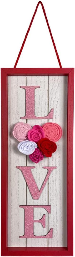Eternhome Love Sign Valentine's Day Decorations Cloth Flower Wooden Hanging Pink Loving Décor Vintage Home Sign Rustic Front Door Romantic Gift for Lover