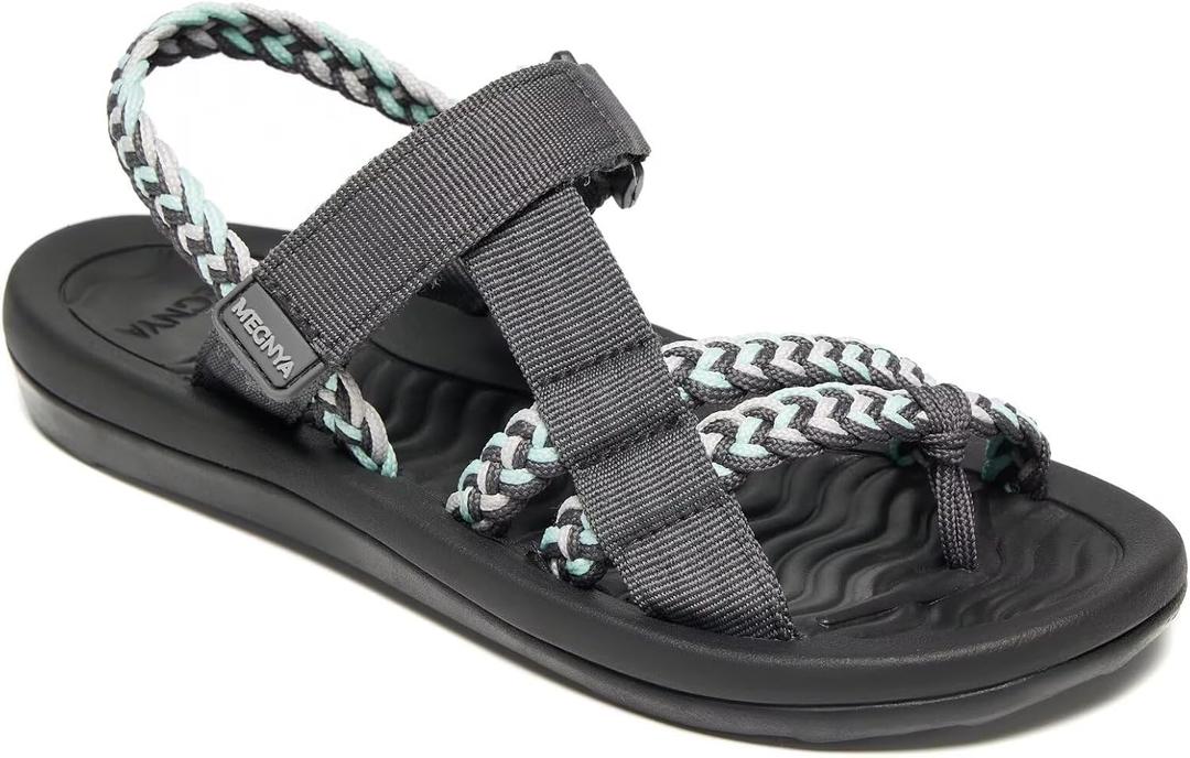 MEGNYA Hiking Sandals for Womens, Comfortable Walking Flip Flop Sandals with Arch Support, Athletic Sandals with Hook and Loop Straps for Beach Vacation Adventure (10, W7-grey)