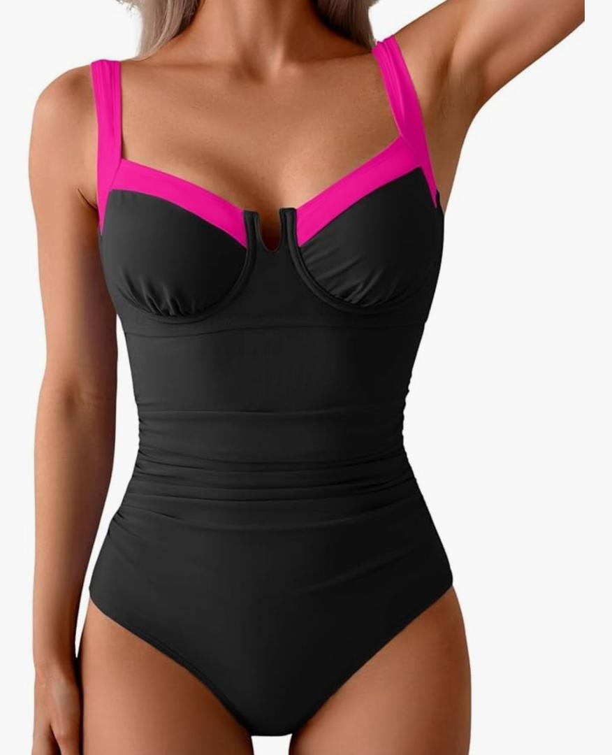 B2prity Women's Underwire One Piece Swimsuits Tummy Control Bathing Suits Push Up Swim Suit Color Block Swimwear 2XL