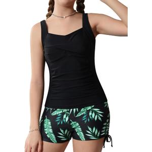 Girls Tankini Swimsuit 2 Piece Bathing Suits Printed Drawstring Swimwear Set for Girls 13-14 Years