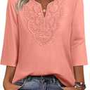 WIHOLL 3/4 Length Sleeve Womens Tops Boho V Neck Lace Shirt Trendy Blouses Dressy Casual Vacation Clothes  (Pink, S)
