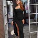 XXTAXN Womens Formal Bodycon Square Neck Long Sleeve Wedding Guest Party Slip Fitted Midi Dress (L)