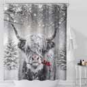 Highland Cow Shower Curtain Winter Rustic Bull Portrait Snowflake Christmas Trees Gray Shower Curtains for Bathroom 72 x72 Inch Xmas Berry Western Country Cattle Restroom Set with 12 Hooks