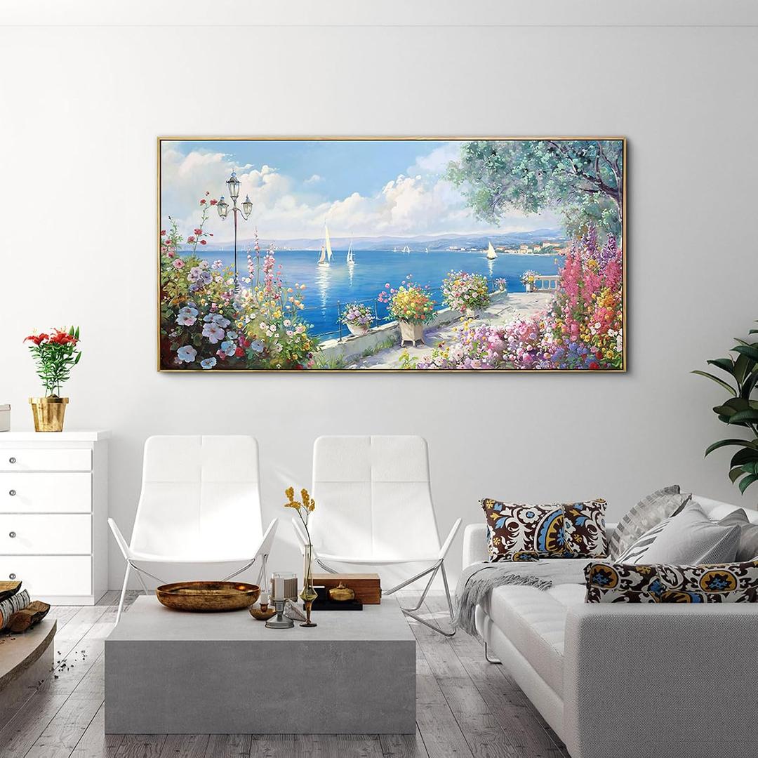 XLSJERST Large Coastal Wall Art - Ocean Seascape Canvas Yellow Green Flowers Painting Landscape Sailboat Picture Artwork Modern Large Framed for Living Room Bedroom Home Office Decor 58x29 Inches, 60 x 30 inches