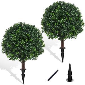 Artificial Boxwood Topiary Ball Bush for Outdoor with Spike, Set of 2 UV Resistant Faux Boxwood Ball Tree with Stake, Weatherproof Fake Round Topiary Shrub Plant for Front Porch Planter (Green)
