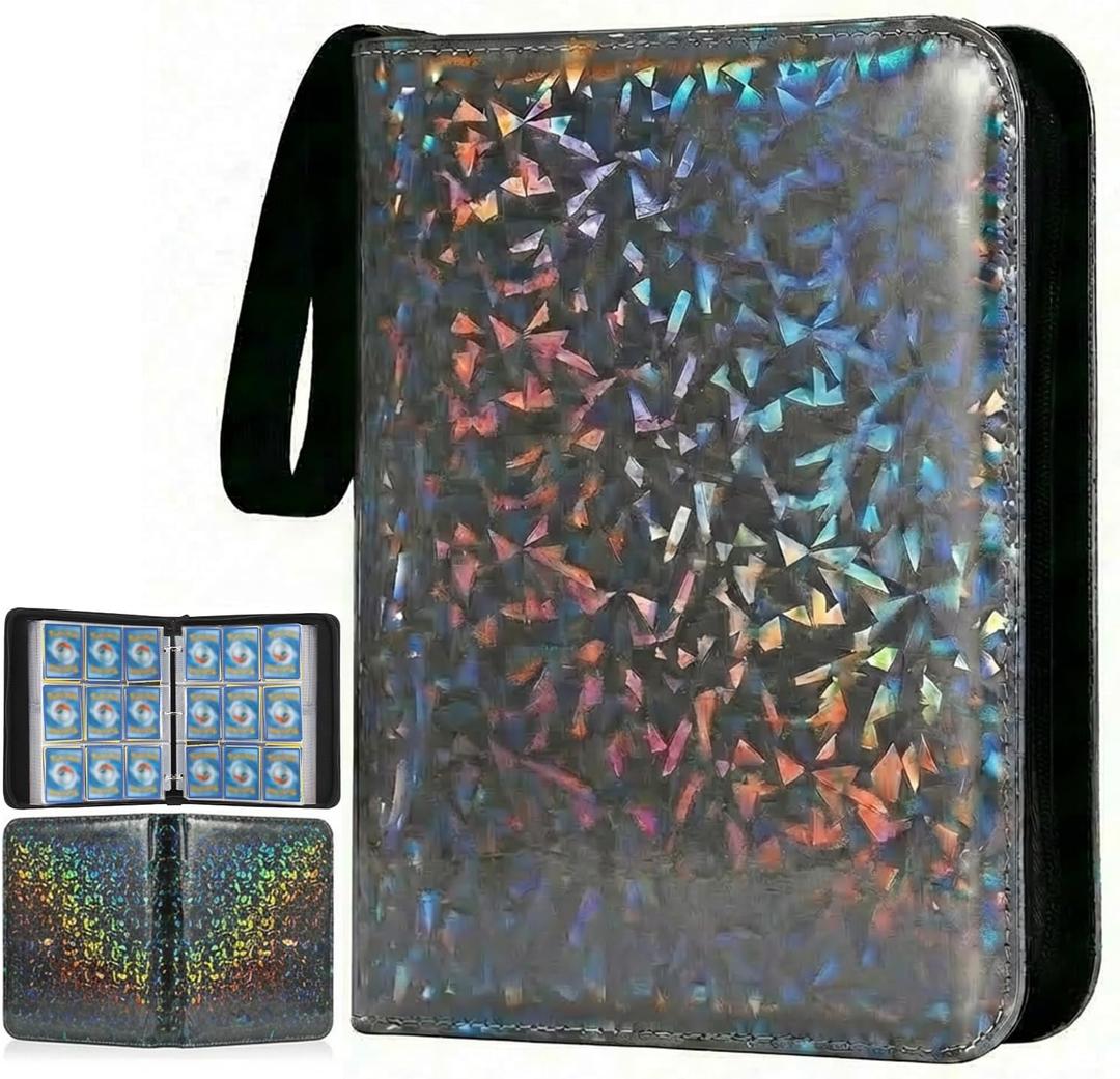 9-Pocket Trading Card Binder with 50 Sleeves, Fits Up to 900 Cards, Unique Shimmering Glitter PU Leather Cover, Large Capacity 3-Ring Zipper Collector Album for TCG, Sports Cards-Sparkly Black, Standard