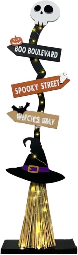 Halloween Porch Sign Wood Halloween Porch Decor with Light Strip Easy Assembly Witch Broom Shape Road Sign with Skeleton Top for Outdoor Decorations,Yard Signs