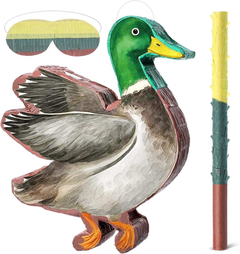 Gueevin Mallard Duck Piata Duck Hunting Party Decorations Supplies Paper Piata Set with Stick Blindfold for Hunting Theme Birthday Baby Shower Celebration Decorations