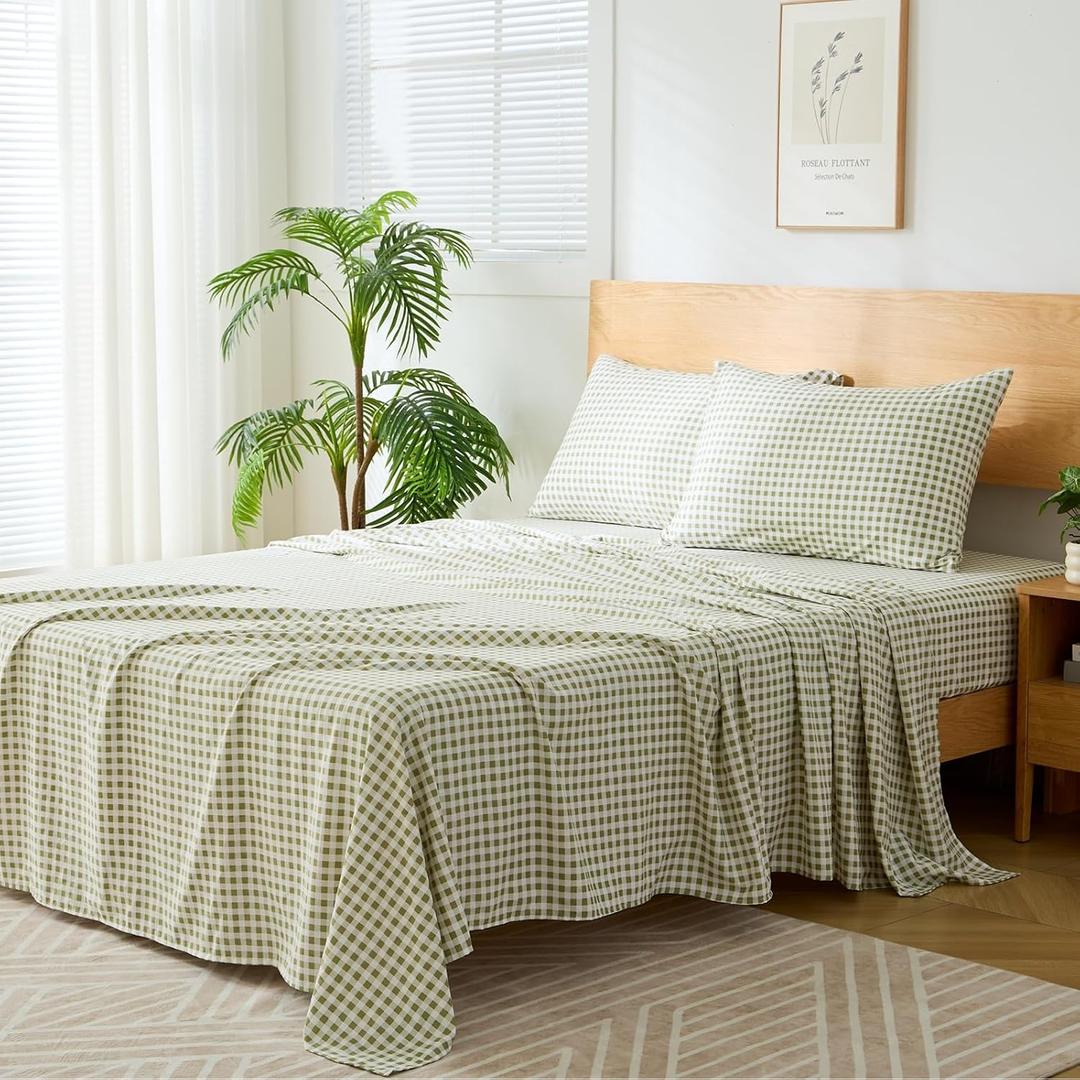 Sage Green Gingham Queen Sheet Set, 4-Piece Soft Brushed Microfiber Bed Sheets - 16" Deep Pocket Fitted Sheet, Wrinkle & Fade Resistant, Hotel Luxury Bedding