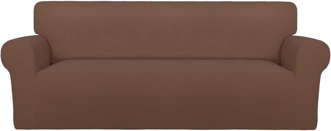 PureFit Super Stretch Sofa Slipcover  Spandex Non Slip Soft Couch Sofa Cover, Washable Furniture Protector with Non Skid Foam and Elastic Bottom for Kids, Pets Sofa, Brown (Large)